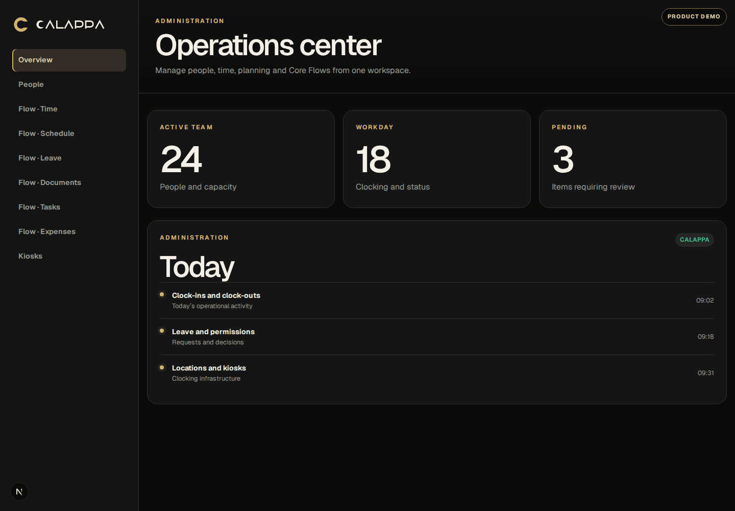 Real CALAPPA admin dashboard for time tracking, employees, schedules and leave